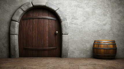 Rustic wooden door with stone arch and a vintage wooden barrel on a textured floor in a dimly lit space, inviting atmosphere and warm tones