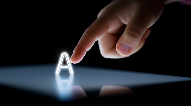 Finger touching glowing digital letter A on dark interactive screen.
