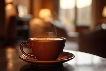 Obraz premium Enjoying luxury brown coffee in a cozy interior with soft lighting, luxury brown cup coffee on saucer with blurred interior home Photo background