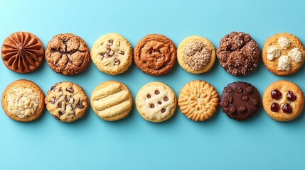 Row of assorted cookies on a light blue surface