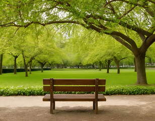 A beautiful green park with a brown wooden bench. A natural background.