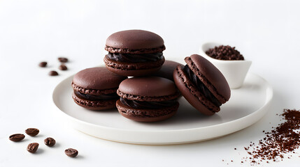 Delicious Dark Chocolate Macaron Shells with Smooth Filling on a White Plate with Coffee Beans and Granules