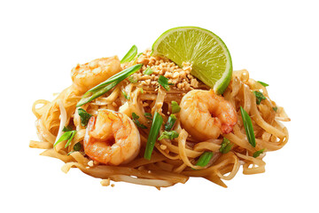 Delicious pad thai with shrimp recipe: authentic thai noodle dish with lime on transparent background