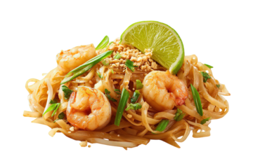 Delicious pad thai with shrimp recipe: authentic thai noodle dish with lime on transparent background