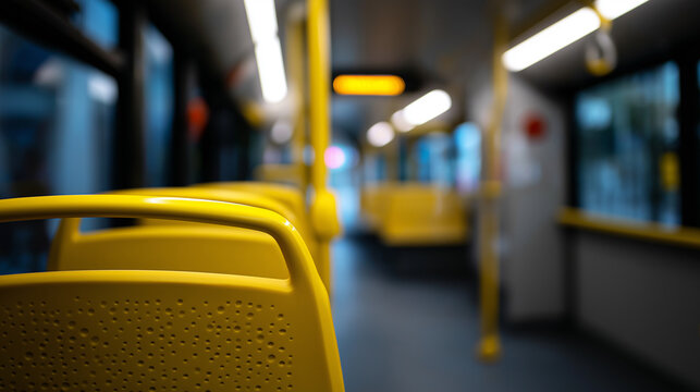 Fototapeta Interior of a modern city bus with yellow handrails and empty seats, captured in low light. 