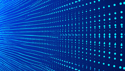Obraz premium Blue glowing dots form abstract lines creating dynamic digital background with sense of depth and motion, evoking futuristic technology and data flow in vibrant blue tone