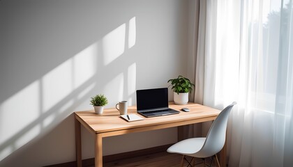Modern Scandinavian Minimalist Home Office with Wooden Desk, Laptop, Natural Light and Ergonomic Chair