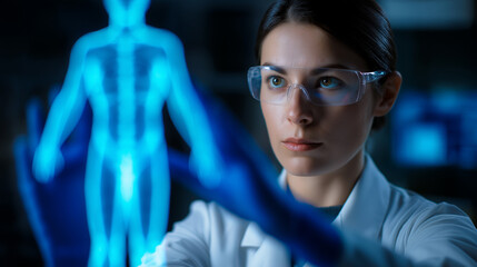Female scientist or doctor interacting with a holographic human body scan in a futuristic medical lab.
