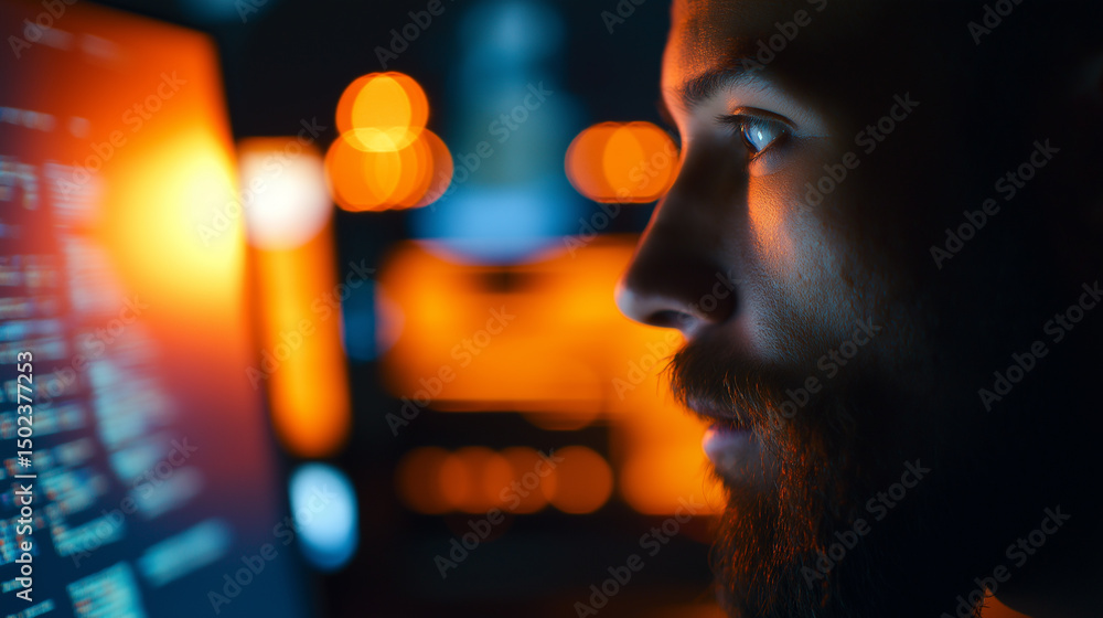 Poster man analyzing business data and charts on multiple computer screens at night.