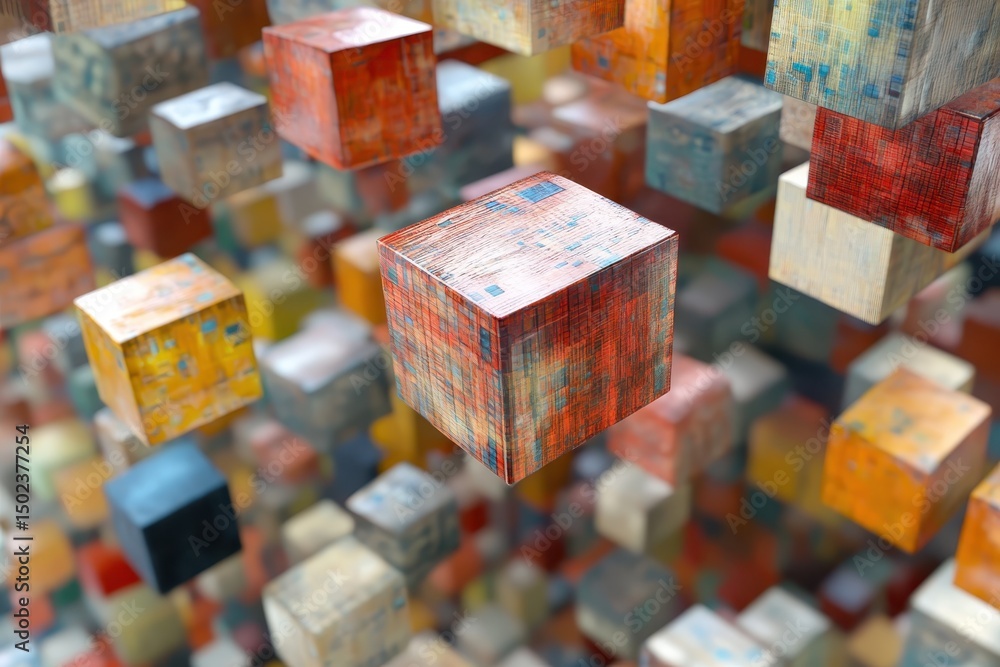 Poster digital representation of data storage cubes floating in mid air with vibrant colors and hex codes, 