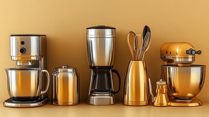 Row of modern kitchen appliances in metallic gold and steel against a tan background