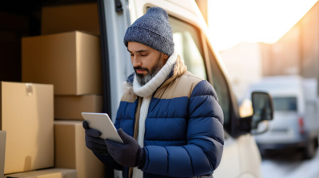 Delivery man in winter clothes using digital tablet next to van with packages.  

