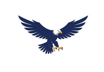 Eagle in flight logo, sharp wings and bold lines, flat vector style, navy blue and gold colours.