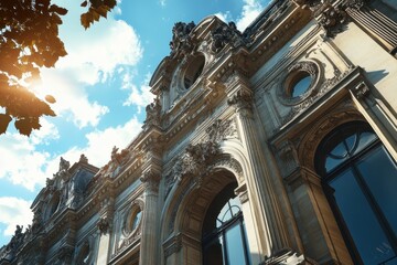 Obraz premium Intricate architecture of Grand Palais in Paris under a bright blue sky, Facade of Grand Palais or Great Palace, Paris in France Low angle view