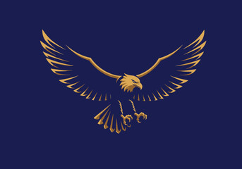 Eagle in flight logo, sharp wings and bold lines, flat vector style, navy blue and gold colours.