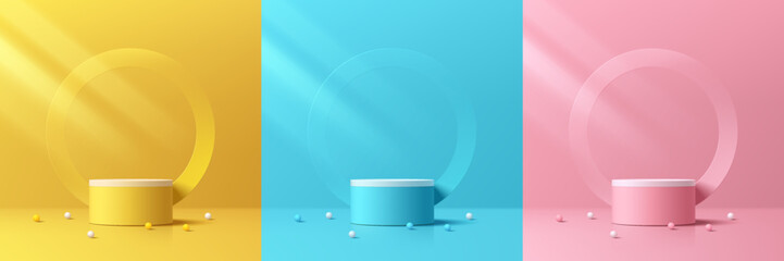 Set of 3d yellow, blue, pink round podium background with balls and circles backdrop. Studio rooms. Abstract composition in minimalist design. Platforms cosmetic product presentation. Stage showcase.