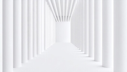 Fototapeta premium White corridor with multiple round columns and ceiling beams creating bright and spacious architectural interior with modern minimalist design and clean lines