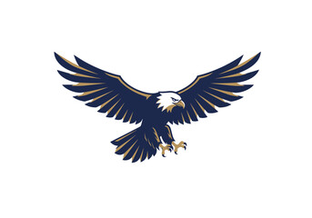 Eagle in flight logo, sharp wings and bold lines, flat vector style, navy blue and gold colours.