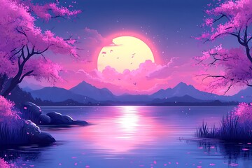 Pink sunset over a serene lake with blossoming trees