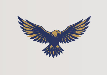 Eagle in flight logo, sharp wings and bold lines, flat vector style, navy blue and gold colours.