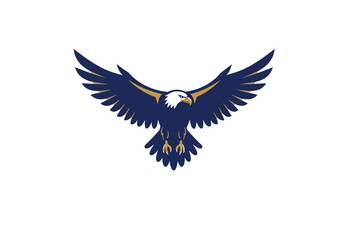 Eagle in flight logo, sharp wings and bold lines, flat vector style, navy blue and gold colours.