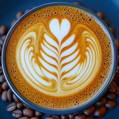 Latte art in a blue cup