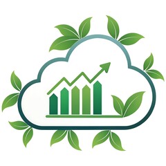 Minimal cloud upload icon with eco leaves and rising financial bars, symbolizing green cloud computing, financial tech, and sustainable innovation

