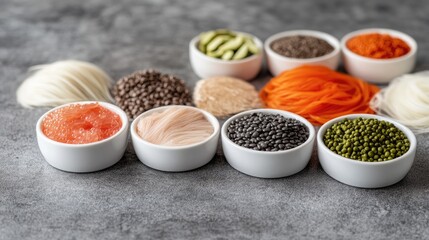 Composition showing protein-rich food beside samples of various hair types