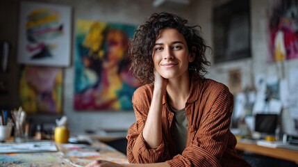 Fototapeta premium Confident Woman Giving Casual Presentation in Creative Workspace