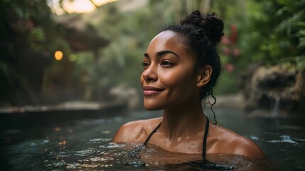 Obraz premium Portrait of a woman in a hot spring surrounded by lush greenery enjoying a relaxing moment outdoors