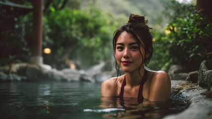 Fototapeta premium Woman with a bun in a hot spring surrounded by lush greenery and rocks looking at the camera smiling