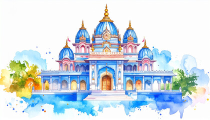 Obraz premium Watercolor illustration of blue temple with domes and golden details surrounded by colorful splashes and trees, evoking peaceful and artistic atmosphere