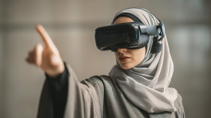 Arab Businesswoman Wearing Headset Guiding Virtual Experience