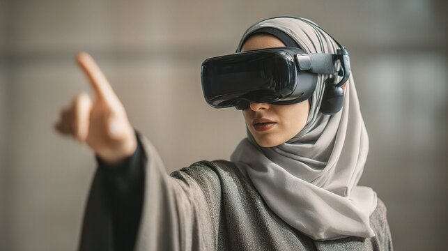 Arab Businesswoman Wearing Headset Guiding Virtual Experience