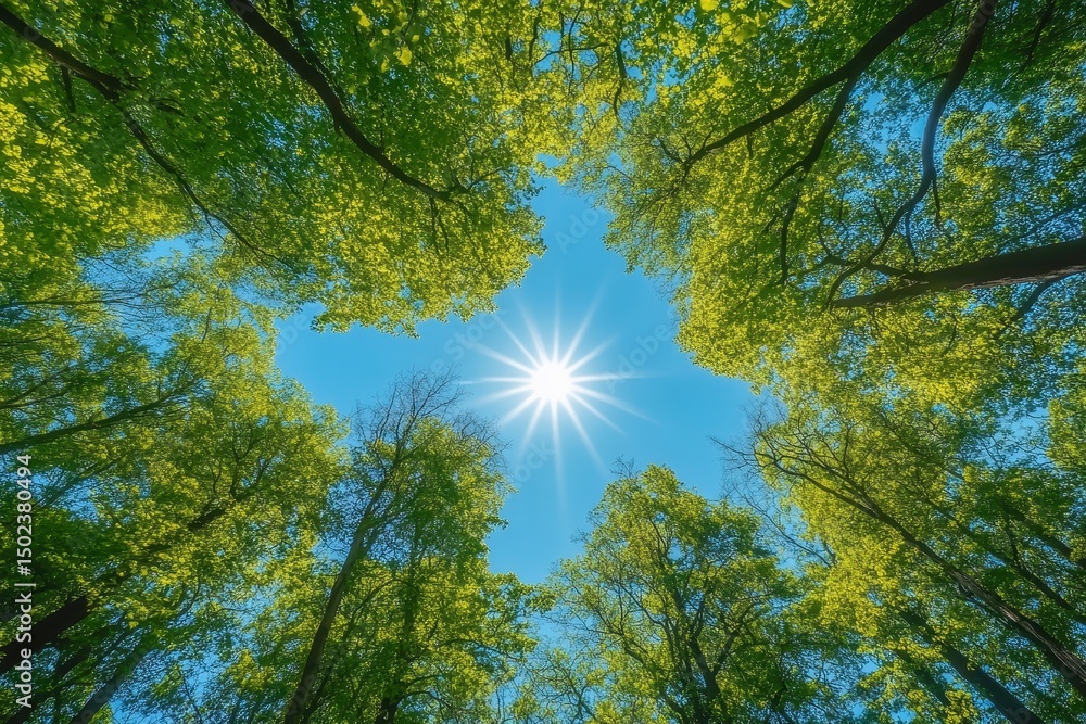 Poster sunlight breaking through tree canopy creates a serene view in nature during a seamless timelapse, s