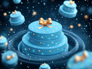 Blue cake with gold ribbon in space