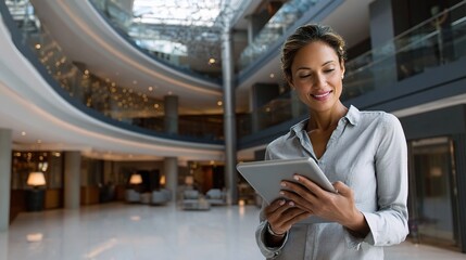 Businesswoman Using Tablet to Manage Smart Building Environment