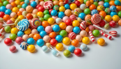 Obraz premium Colorful Assortment of Various Round Hard Candies and Lollipops Spread on a Surface