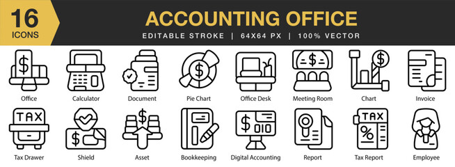 Fototapeta premium Accounting Office icon set. Editable Stroke Icon Collection. Includes business, office, finance, accounting, working, corporate, and More. Outline icons vector collection.