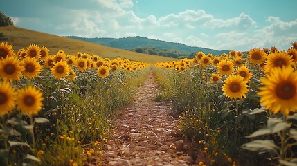 Fototapeta premium Sunflower field path leads to hazy hillside