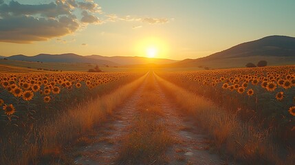 Obraz premium Sunflower fields glow at sunsets radiant embrace