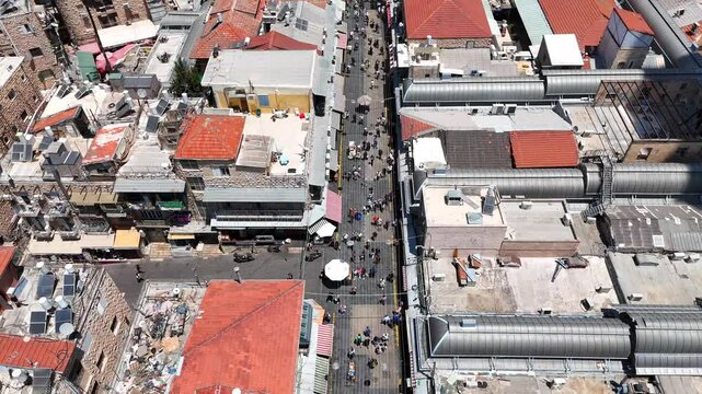 Jerusalems Mahane Yehuda market houses rooftops, Aerial view
