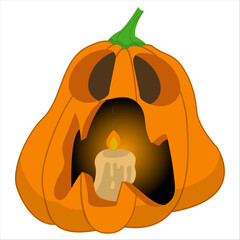 Cartoon drawing of pumpkin with candle inside for halloween, hand drawn vector drawing of scary and funny pumpkin for halloween with scary face.