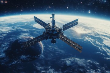 Obraz premium Space station orbits distant planet in a vibrant anime universe filled with stars, Space station in orbit around a faraway planet anime Photo background
