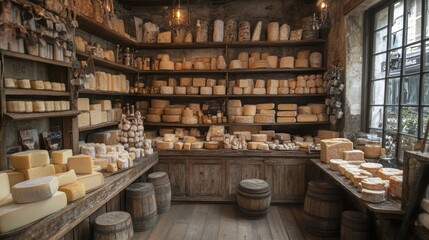 Rustic cheese shop, shelves full