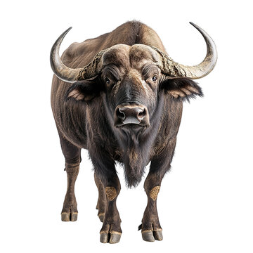Close-up portrait of a cape buffalo isolated on transparent background.