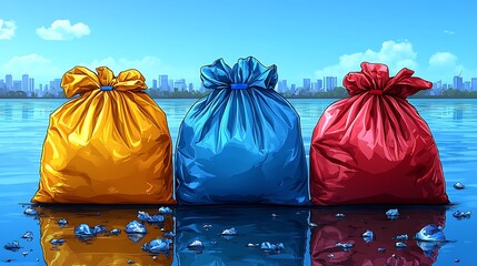Colorful plastic bags floating in water near city