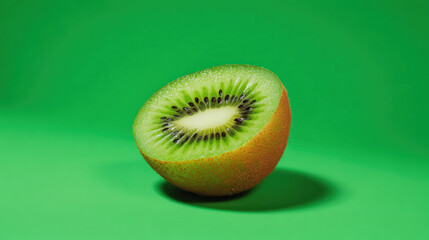 Close-up of a sliced kiwi fruit, vibrant green background