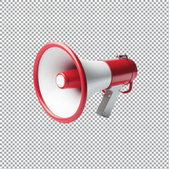 A 3d red and white megaphone isolated on transparent background.