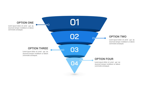Sales and marketing funnel strategies 4 stages infographic template. Business Presentation, Strategy, Plan and Plan. Vector illustration.